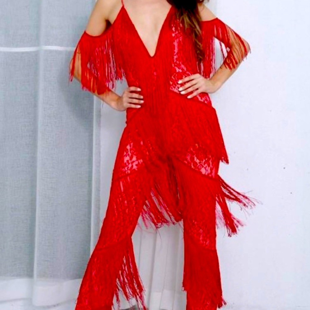 Red off the Shoulder V Neck Jumpsuit with fringe.